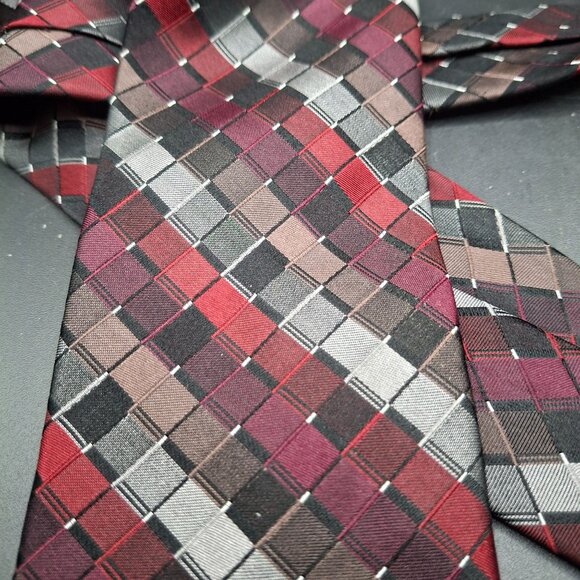 CK Calvin Klein Mens Silk Tie Red Gray Black Checkered Pattern - Picture 2 of 5